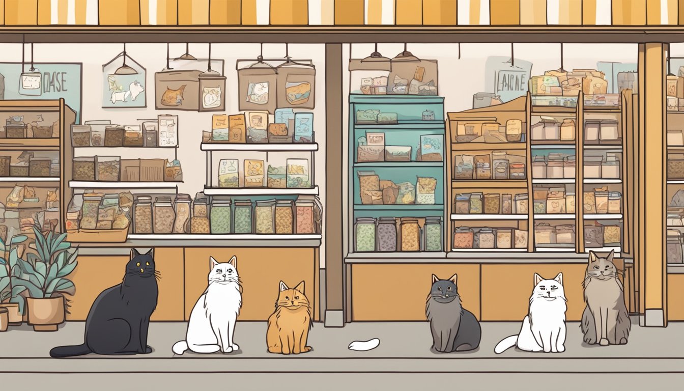 A cozy pet store with Maine Coon cats on display, customers browsing, and a sign reading "Frequently Asked Questions: where to buy Maine Coon cats in Singapore."