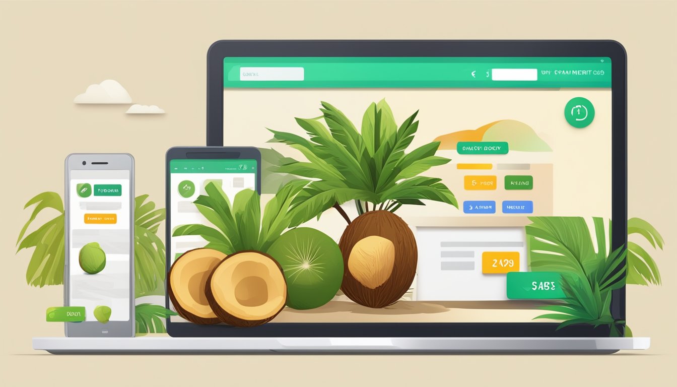 Coconuts displayed on a digital device, with a "buy now" button and online payment options