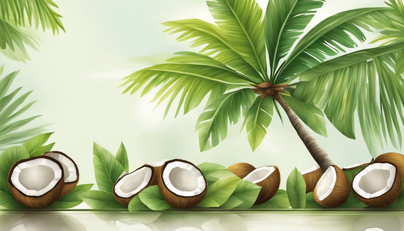 A coconut tree with lush green leaves, bearing ripe coconuts. The coconuts are arranged neatly in a row, with one cracked open to reveal the white flesh and refreshing coconut water inside