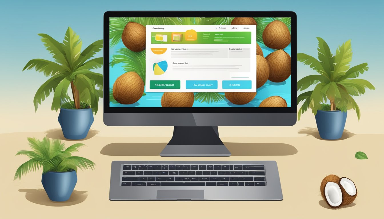 A computer screen displaying a website with a variety of coconuts for sale. A cursor hovers over the "add to cart" button