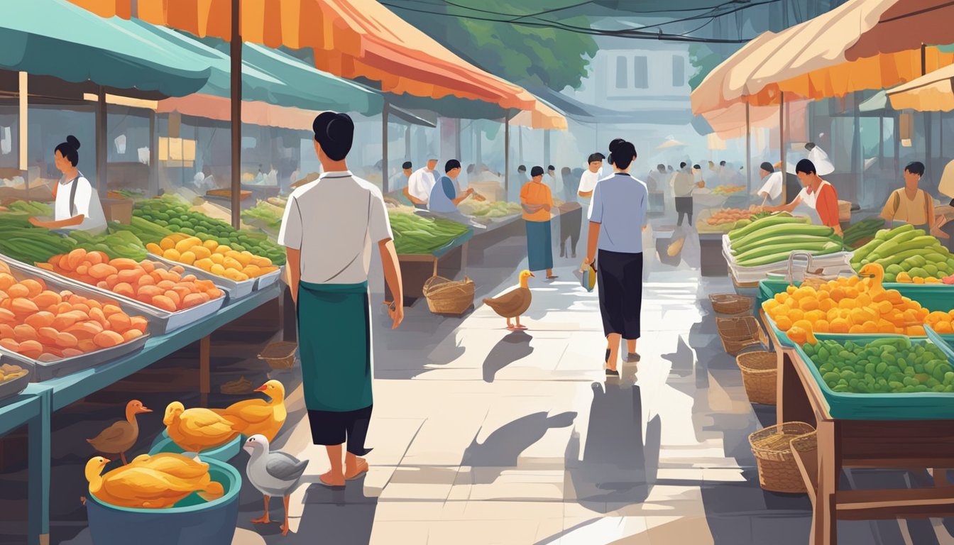 A bustling wet market in Singapore, with a vendor proudly displaying rows of plump, fresh ducks ready for purchase. The vibrant colors and aromas of the market create a lively and inviting atmosphere for culinary exploration
