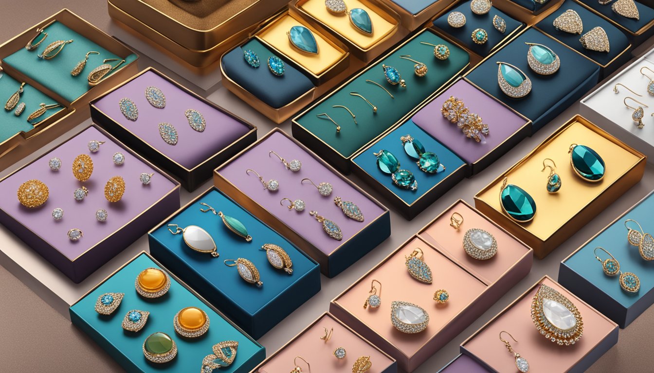 A display of magnetic earrings in a Singaporean jewelry store, with various designs and colors showcased on velvet-lined trays