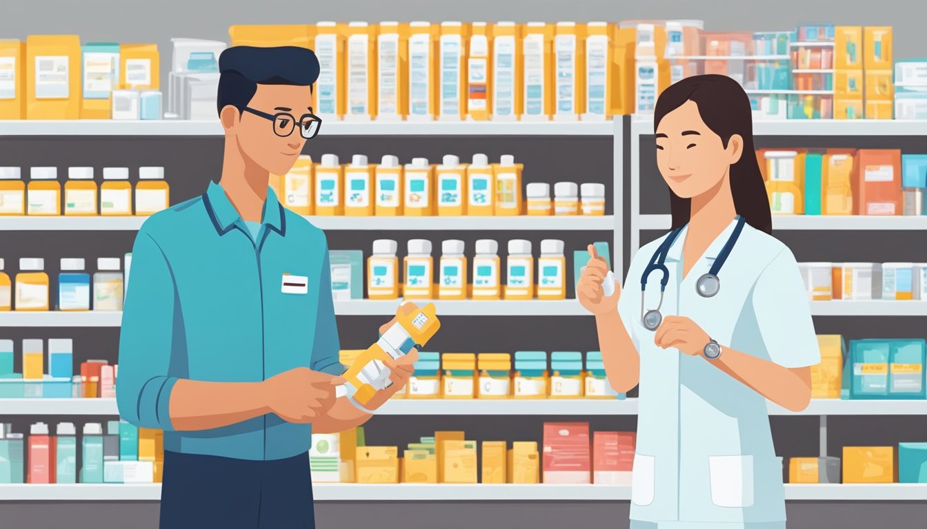 A person holding an Epipen, demonstrating how to administer it safely. The setting is a pharmacy in Singapore, with shelves of medical supplies in the background