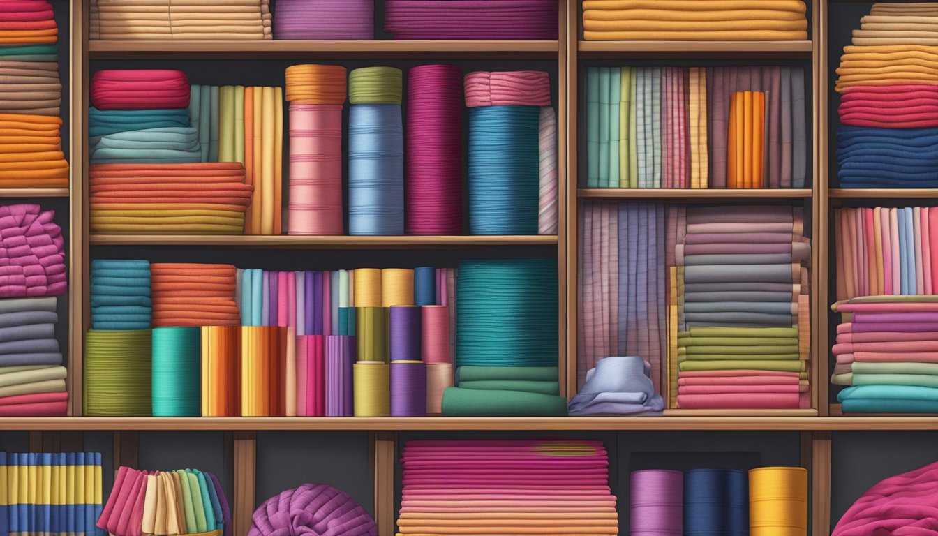 A colorful display of cotton fabrics, neatly stacked and labeled, with a variety of textures and patterns, surrounded by shelves of sewing supplies