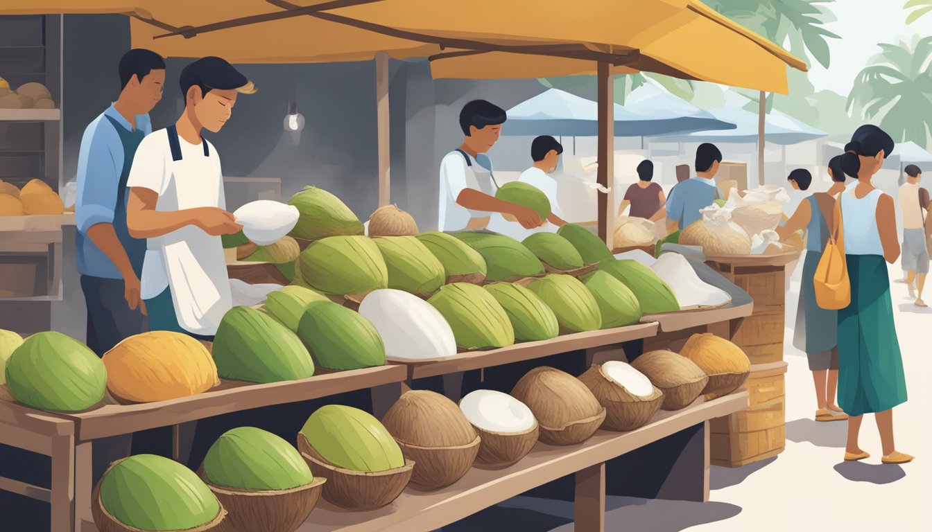 A bustling market stall sells fresh coconut milk in Singapore. Coconuts are stacked neatly, and a vendor expertly extracts the milk for customers