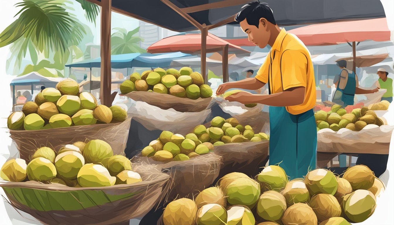 Coconuts piled at a vibrant market stall in Singapore, with a vendor extracting fresh coconut milk for sale