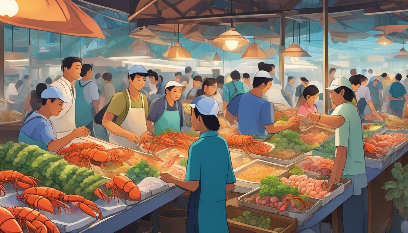 A bustling seafood market in Singapore, with vendors proudly displaying fresh lobster tails on ice. Customers eagerly inspecting the succulent seafood, surrounded by vibrant colors and the aroma of the ocean