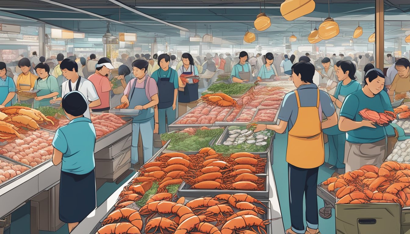 A bustling seafood market in Singapore, with vendors proudly displaying rows of fresh lobster tails on ice, while customers eagerly inspect and select their purchases