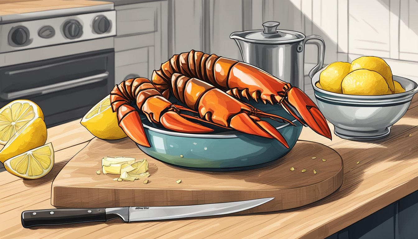 A kitchen counter with a cutting board, knife, and fresh lobster tails. A bowl of melted butter and lemon wedges nearby
