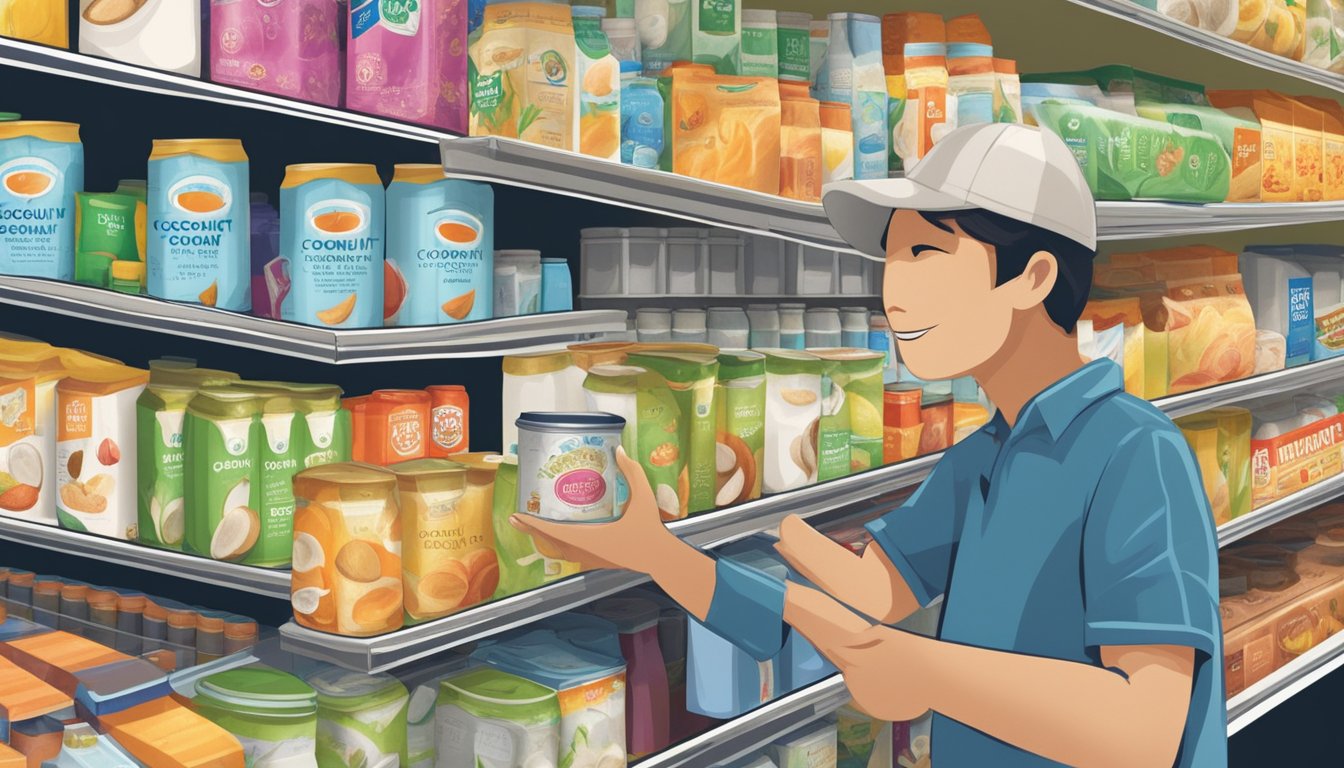 A person reaches for a can of coconut milk on a grocery store shelf in Singapore, surrounded by various brands and options
