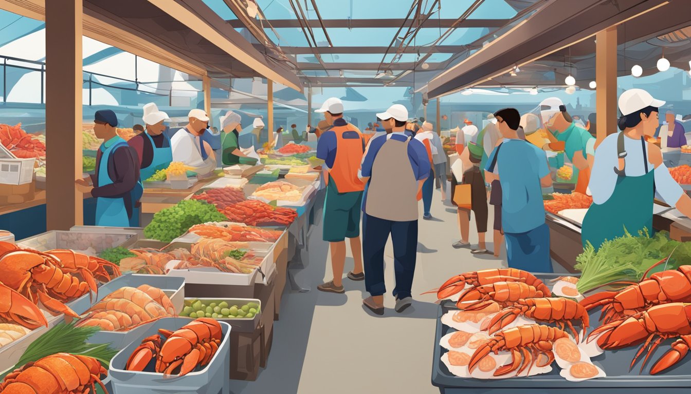 A bustling seafood market with colorful displays of fresh lobster tails, vendors answering questions, and customers browsing for the best deals