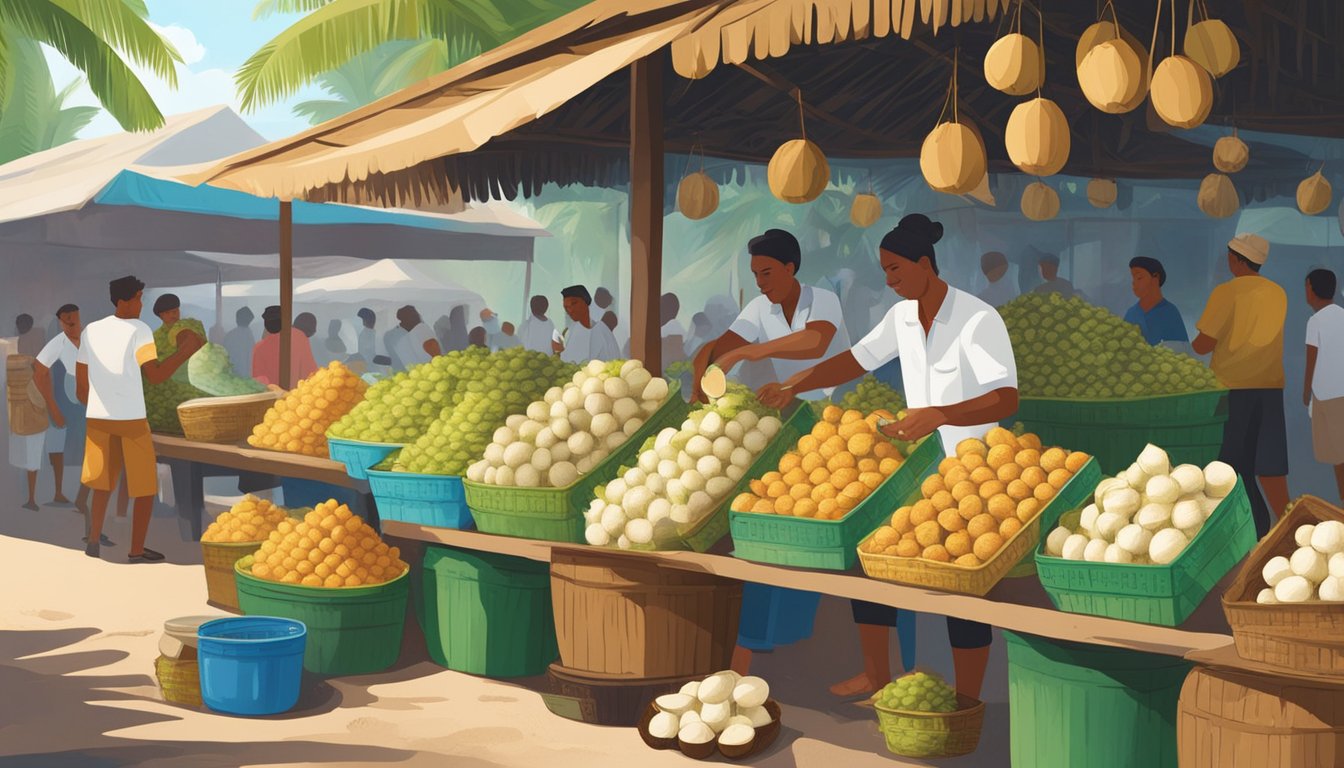A bustling market stall with coconuts piled high, a vendor pouring fresh coconut milk into bottles, and a sign advertising "Fresh Coconut Milk for Sale" in bold letters