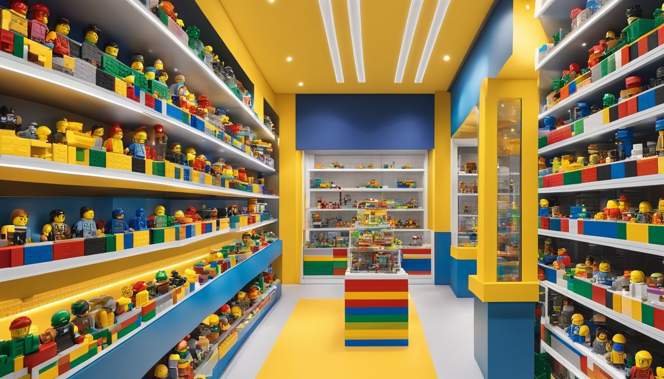 Colorful LEGO sets displayed on shelves in a Singapore toy store. Bright lights illuminate the various bricks and figurines, inviting customers to explore and purchase