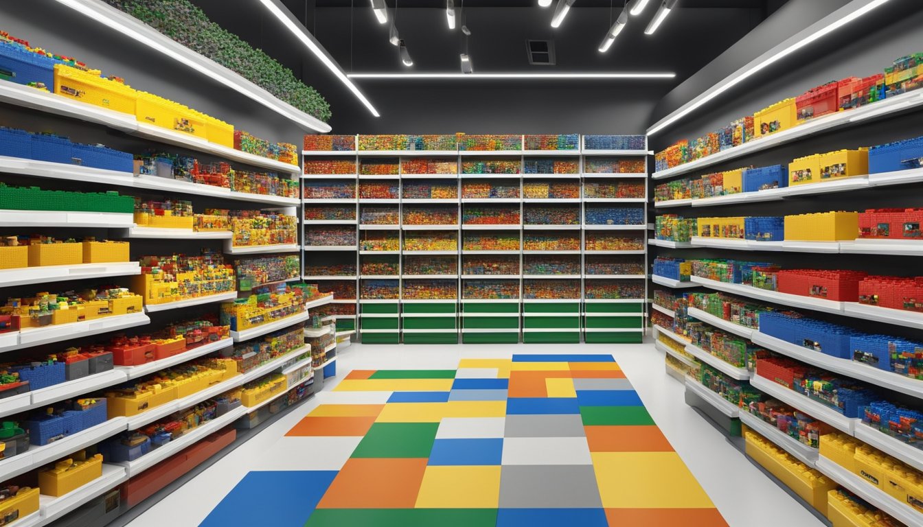 A colorful display of LEGO bricks and sets in a well-lit store in Singapore, with shelves neatly organized and labeled, inviting customers to explore and maximize their LEGO experience