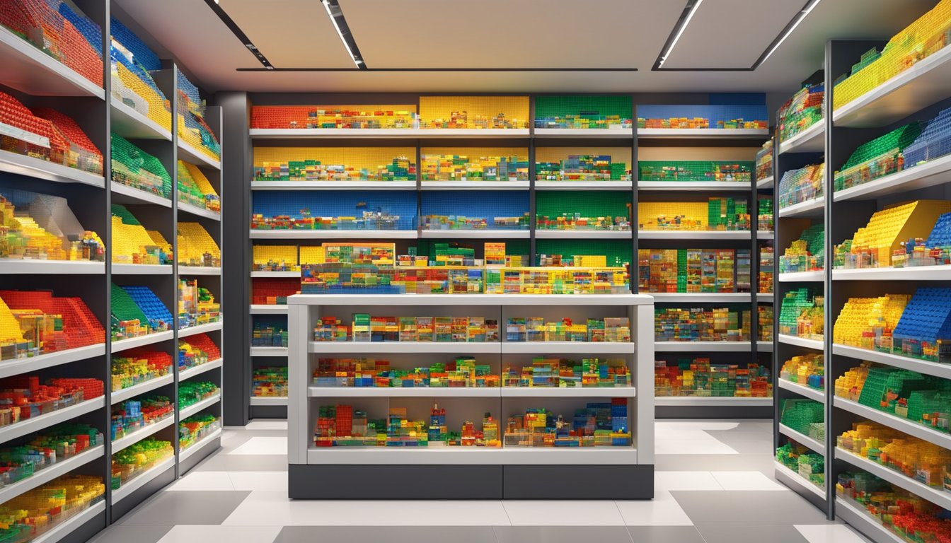 A colorful display of Lego bricks in a Singapore store, with shelves neatly organized and labeled, inviting customers to explore and purchase