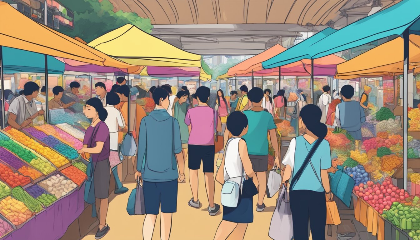 A bustling market stall displays colorful lanyards in Singapore. Shoppers browse the selection, while the vendor arranges the merchandise