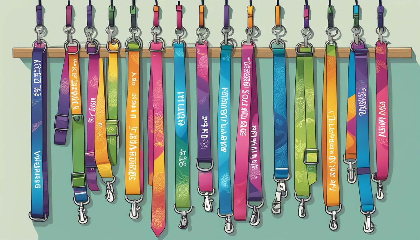 A display of colorful lanyards hanging on hooks at a Singaporean store, with a sign reading "Frequently Asked Questions: Where to buy lanyard in Singapore."