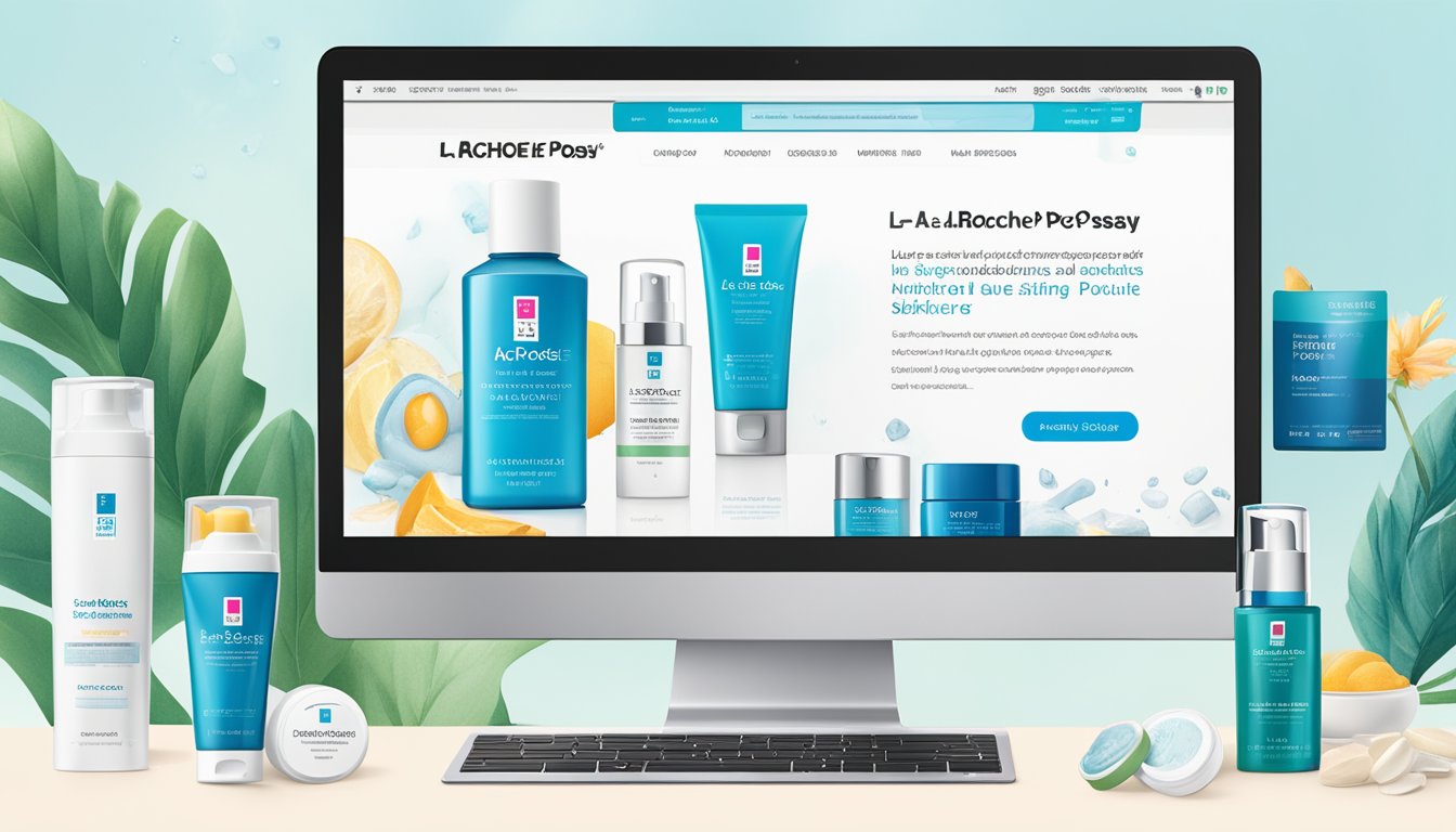 A computer screen with a browser open to a website selling La Roche-Posay products. The website features the brand's logo and a variety of skincare items available for purchase