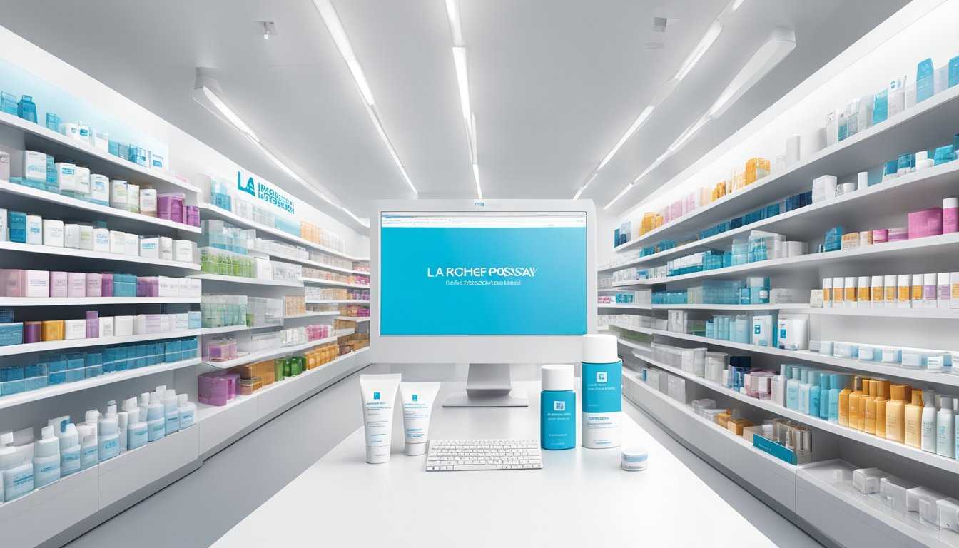 A display of La Roche-Posay products on a clean, white shelf with a computer or mobile device showing an online store in the background