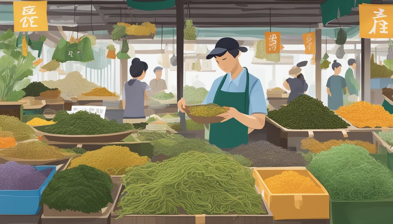 A bustling market stall displays various types of seaweed, including kombu, in Singapore. The vendor arranges the products neatly, with colorful signs indicating prices