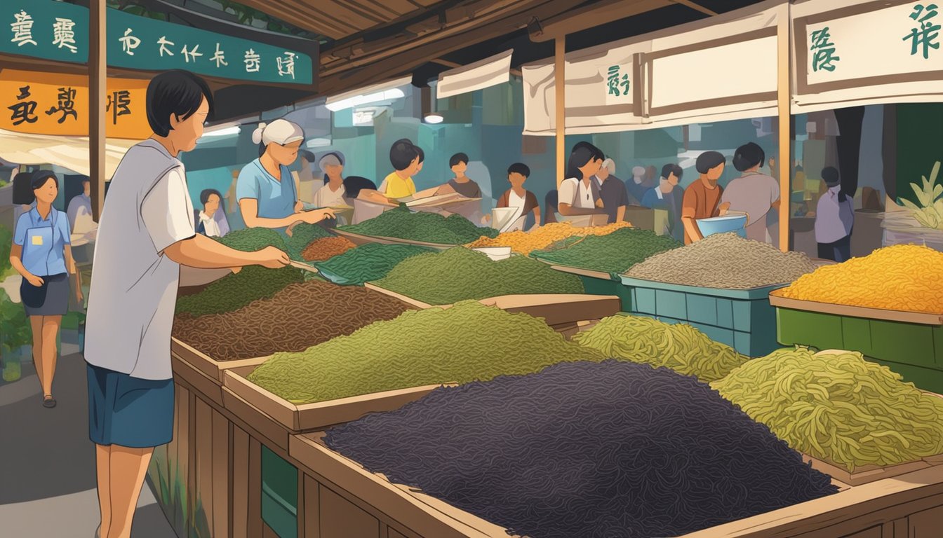 A bustling market stall in Singapore displays an array of dried seaweed, with a prominent sign advertising Kombu for sale. The vibrant colors and bustling activity of the market create a lively atmosphere