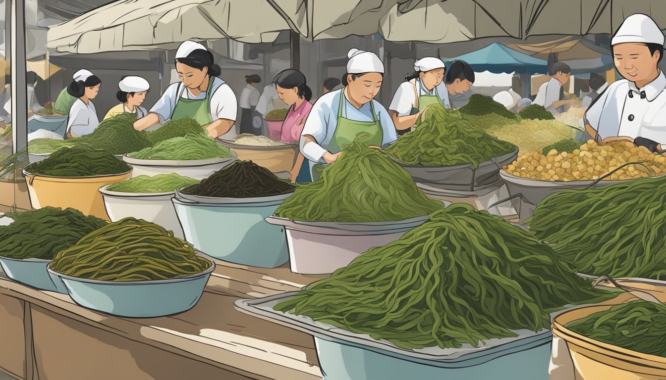 A display of kombu seaweed at a bustling market in Singapore, with vendors showcasing various grades and sizes of the culinary ingredient