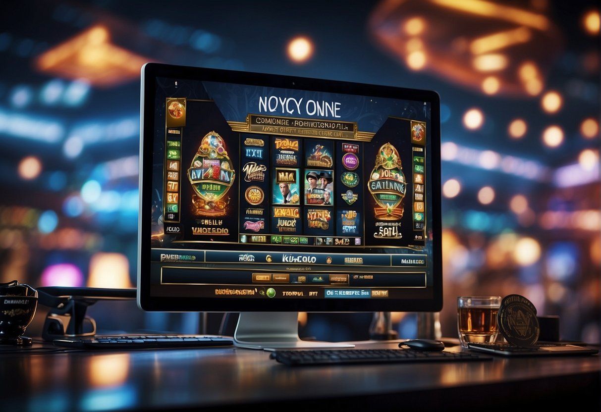 Uma tela de computador exibindo "No KYC online casino" com vários logotipos de cassino e um processo de verificação de identidade digital