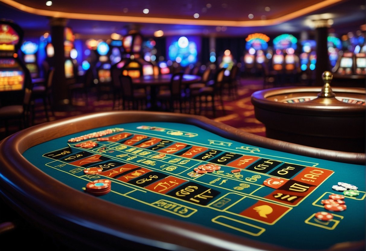 Une scène de casino en ligne dynamique sans vérification KYC, proposant une variété de jeux et des graphismes colorés