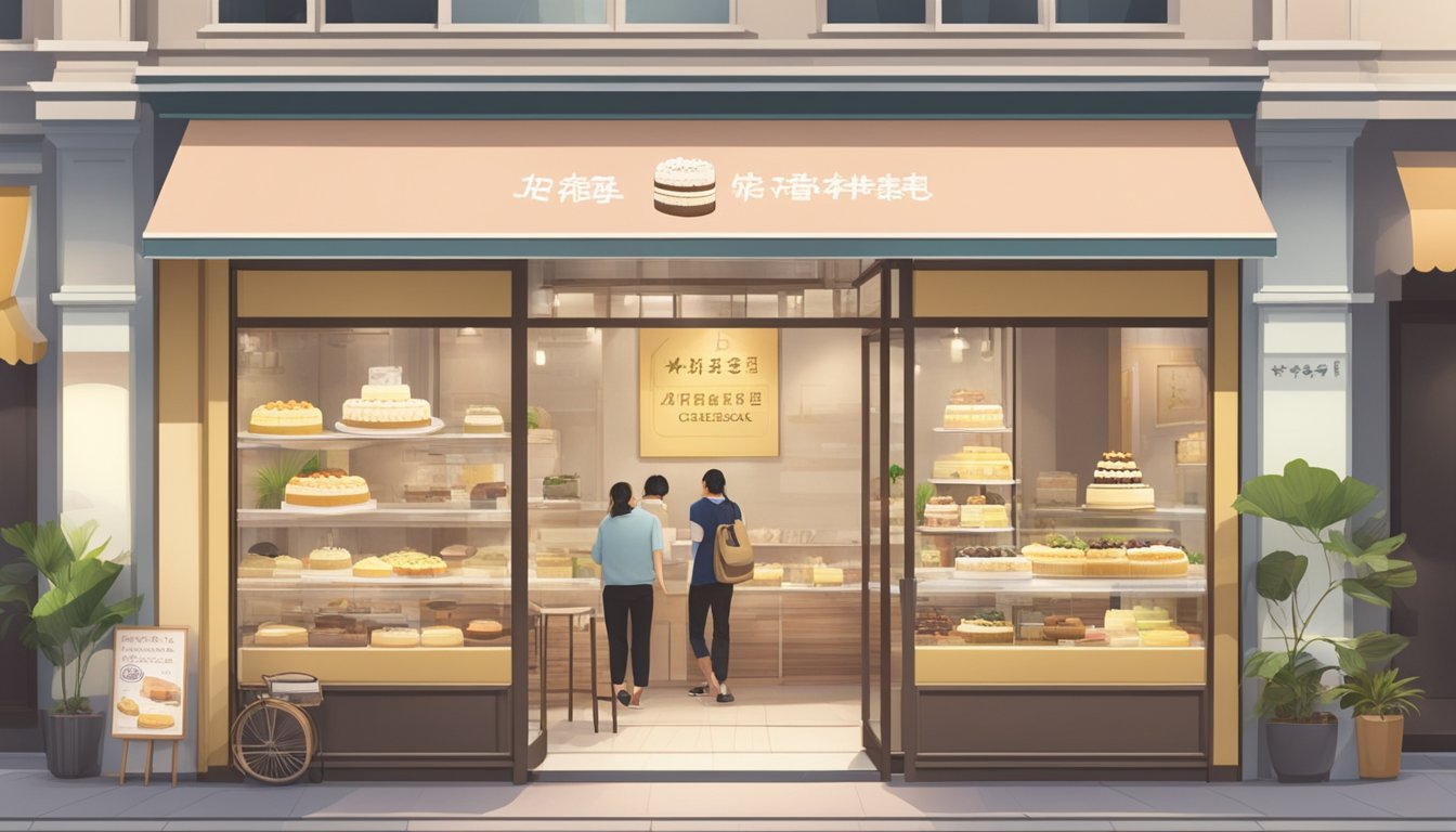 A storefront with a sign reading "Japanese Cheesecake" in Singapore. People entering and leaving the shop, with a display of cheesecakes in the window