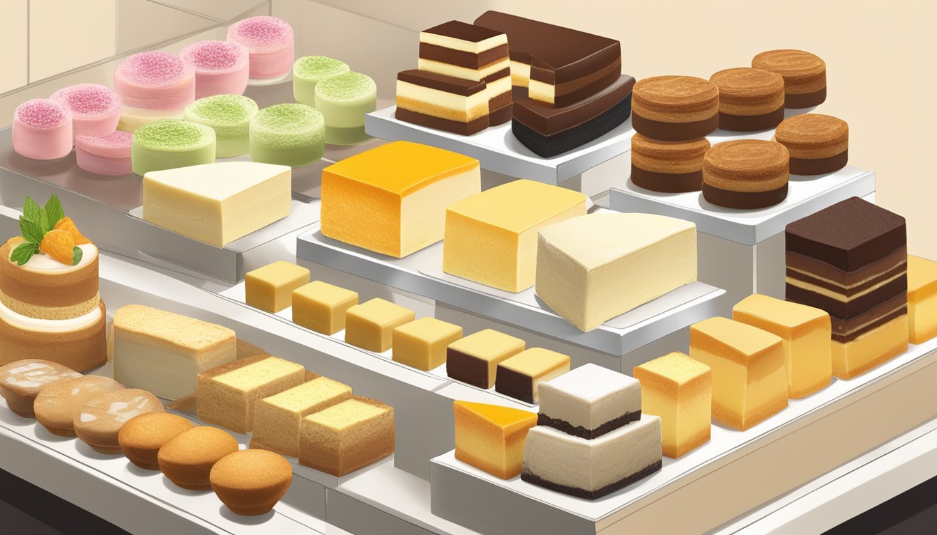 A display of various Japanese cheesecakes at a bakery in Singapore, with different flavors and textures showcased