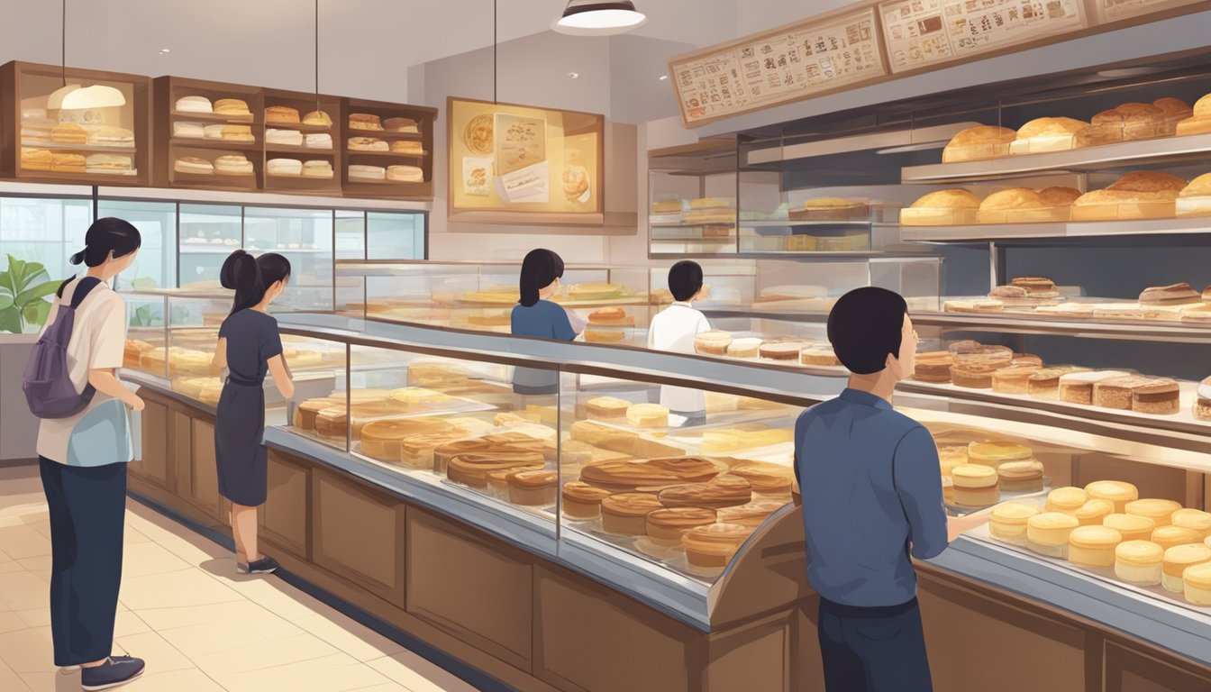 A busy bakery with shelves of Japanese cheesecakes in Singapore. Customers browsing and asking staff for assistance