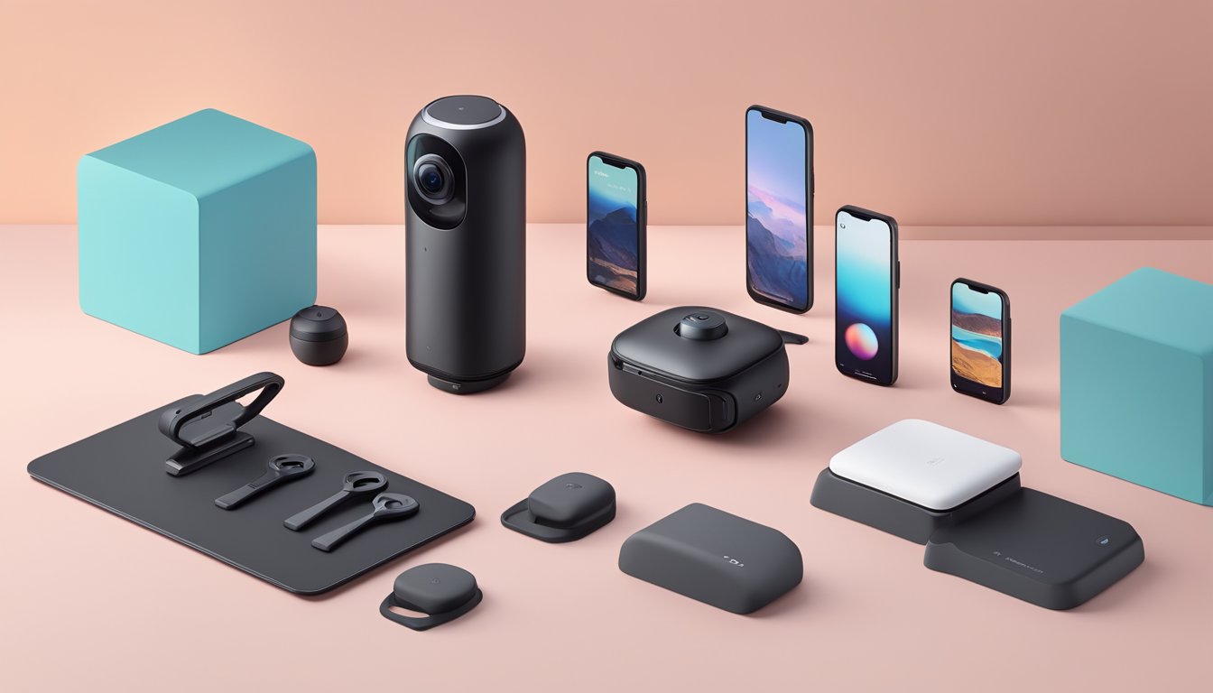 The Insta360 One R is displayed on a sleek, modern table with its various accessories neatly arranged around it. The background is a clean, minimalist setting with soft lighting. The product is available for purchase in Singapore