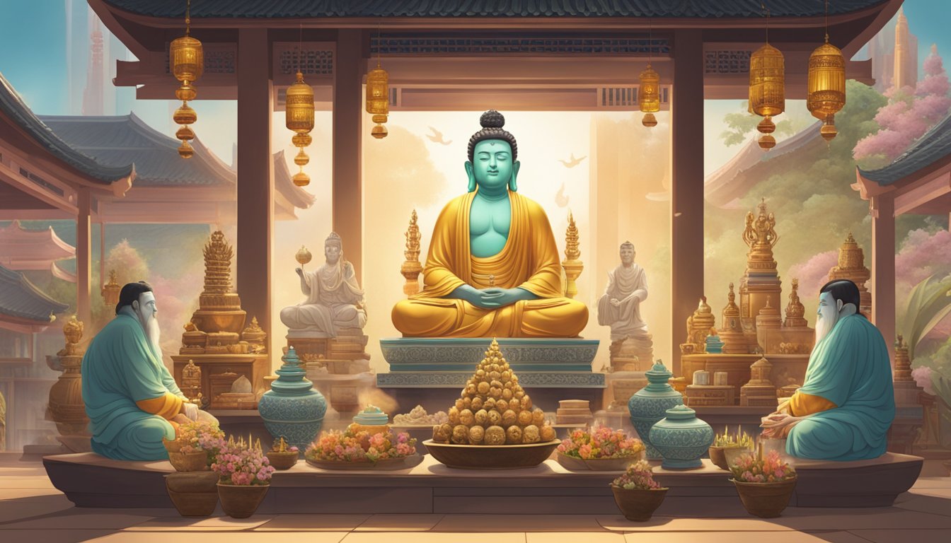 God statues on display in a serene Singaporean shop, surrounded by incense and offerings