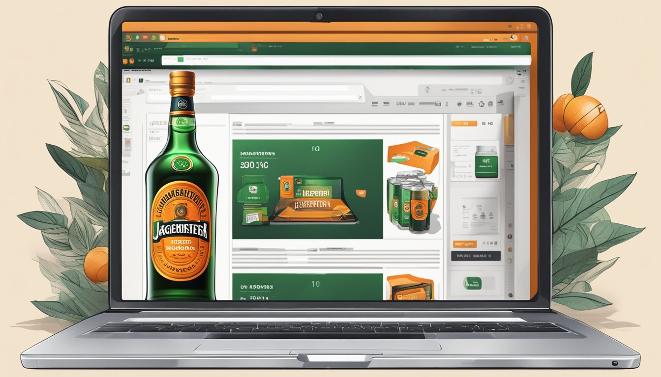 A laptop with a web browser open to an online store, displaying a bottle of Jagermeister with a "buy now" button