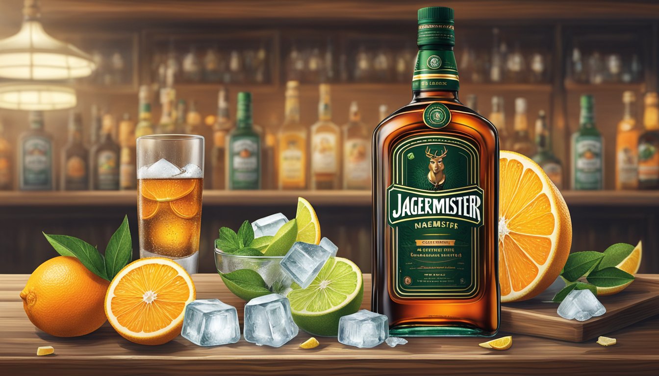 A bottle of Jägermeister sits on a wooden bar, surrounded by ice and citrus slices. The label is prominent, with the iconic stag's head
