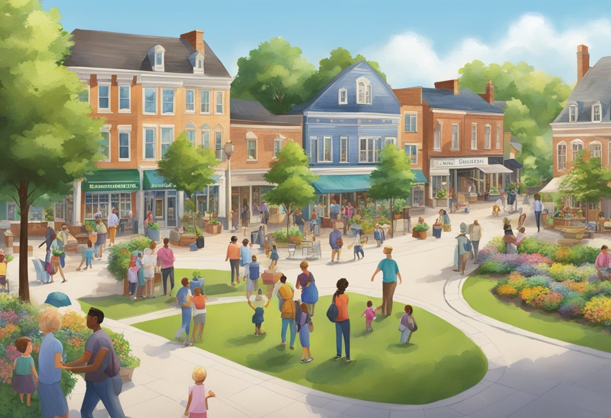 A bustling town square with diverse people of all ages and backgrounds, surrounded by charming houses and lush greenery in Fayetteville, OH