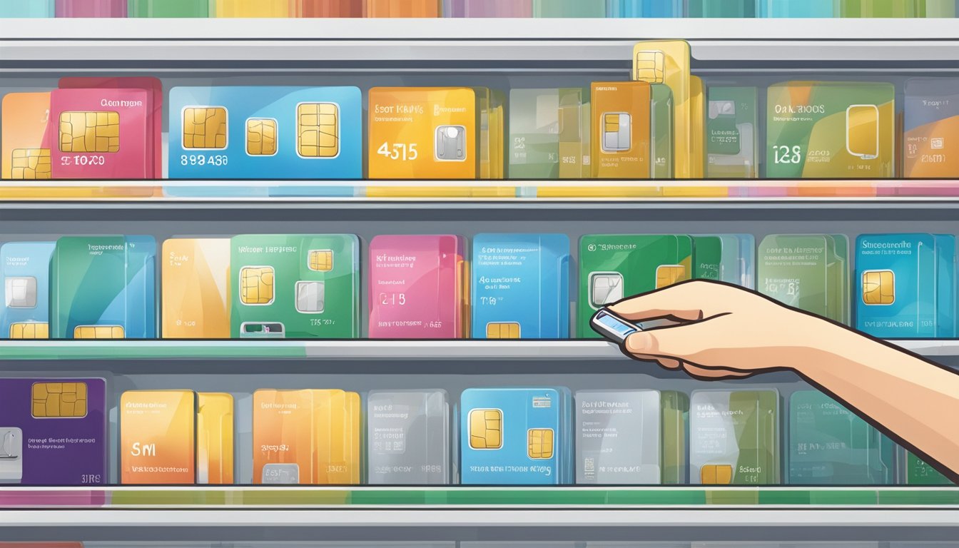 A hand reaches for a Europe SIM card in a Singapore store