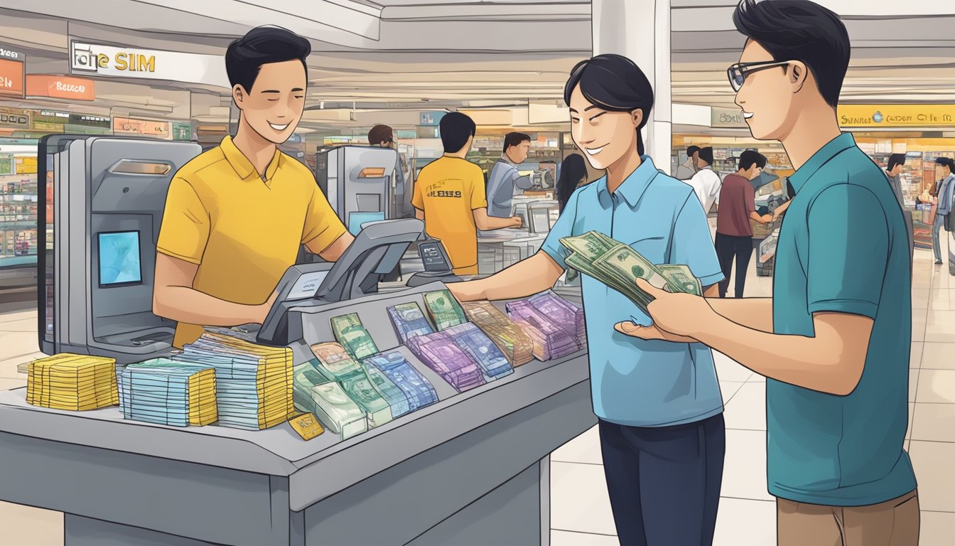 A customer hands over cash to a salesperson at a kiosk labeled "Europe SIM Cards" in a busy Singapore shopping mall