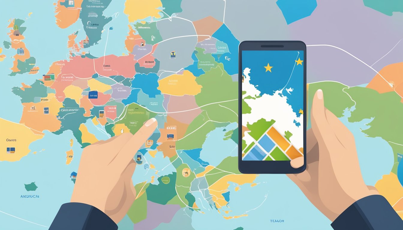 A hand holding a European SIM card with a map of Europe in the background, symbolizing staying connected while traveling