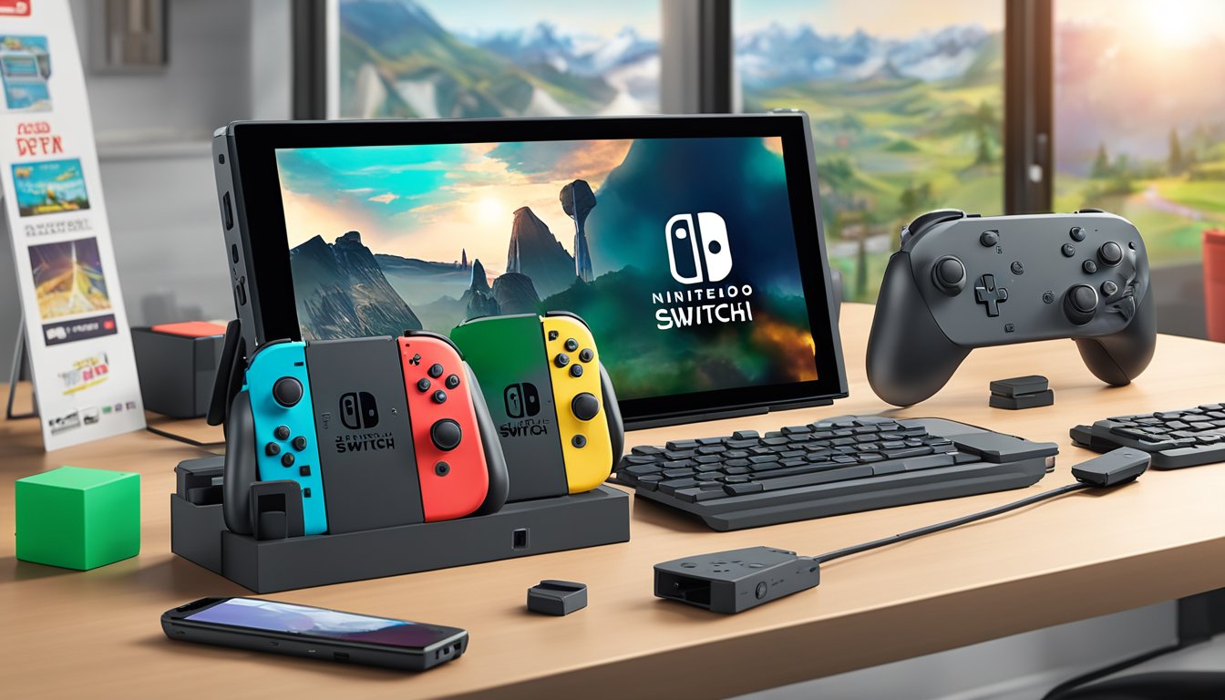 The Nintendo Switch dock sits on a clean, modern desk in front of a large Best Buy sign, surrounded by various gaming accessories