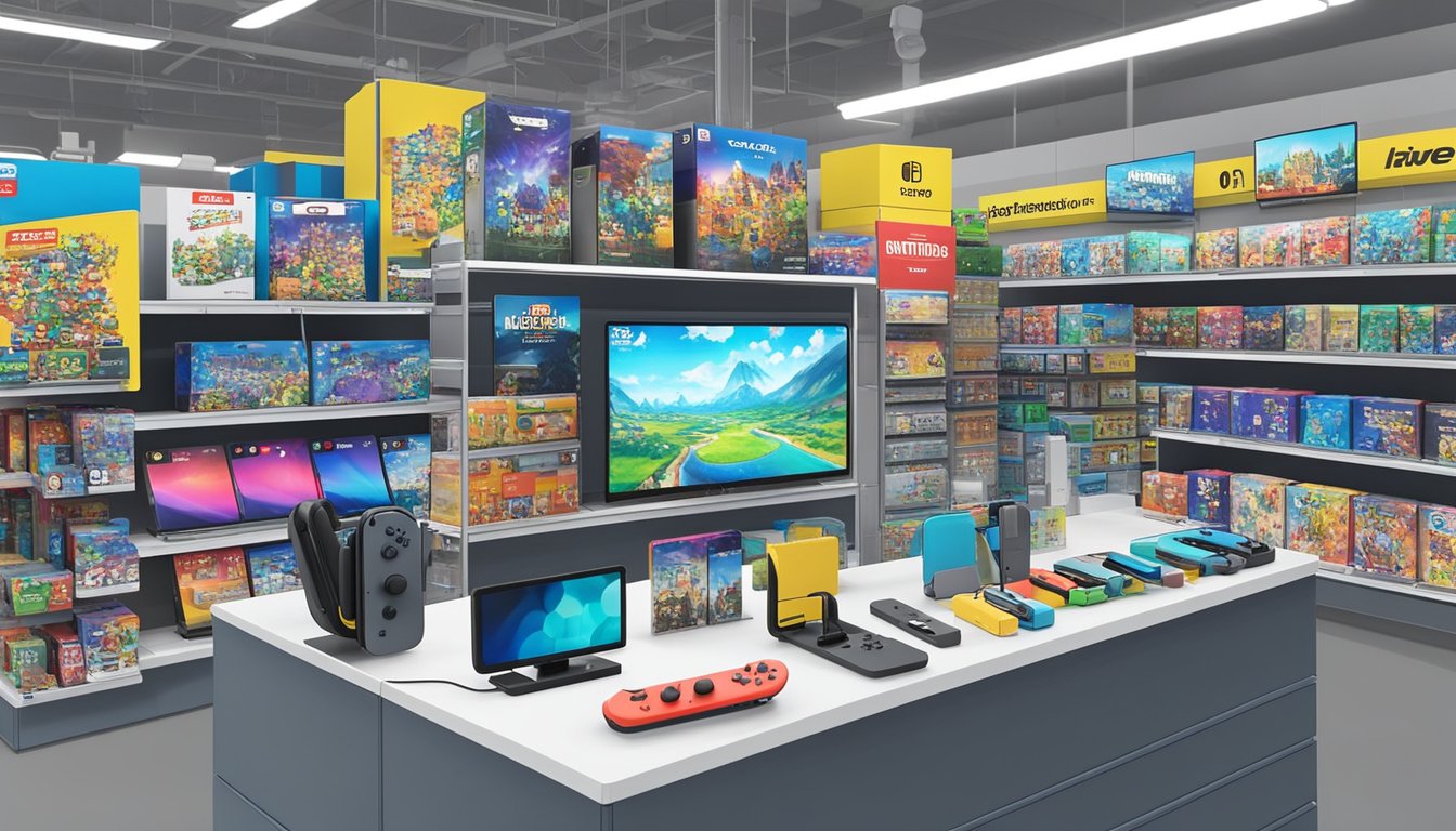 A Nintendo Switch dock sits on a shelf at Best Buy, surrounded by various other electronic accessories. The store is brightly lit, and customers browse nearby aisles