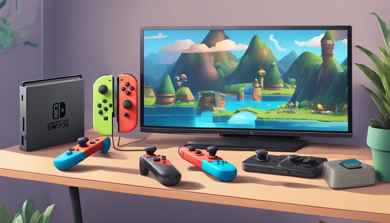 A nintendo switch dock connected to a TV, with controllers and games nearby, creating an immersive gaming setup