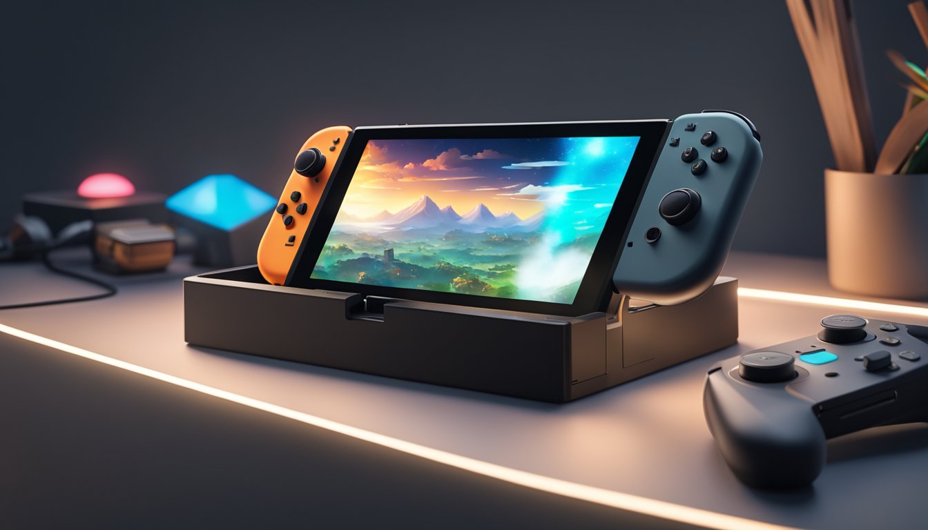 The Nintendo Switch dock sits on a sleek black surface, surrounded by various gaming accessories. A soft glow emanates from the device, creating a warm and inviting atmosphere