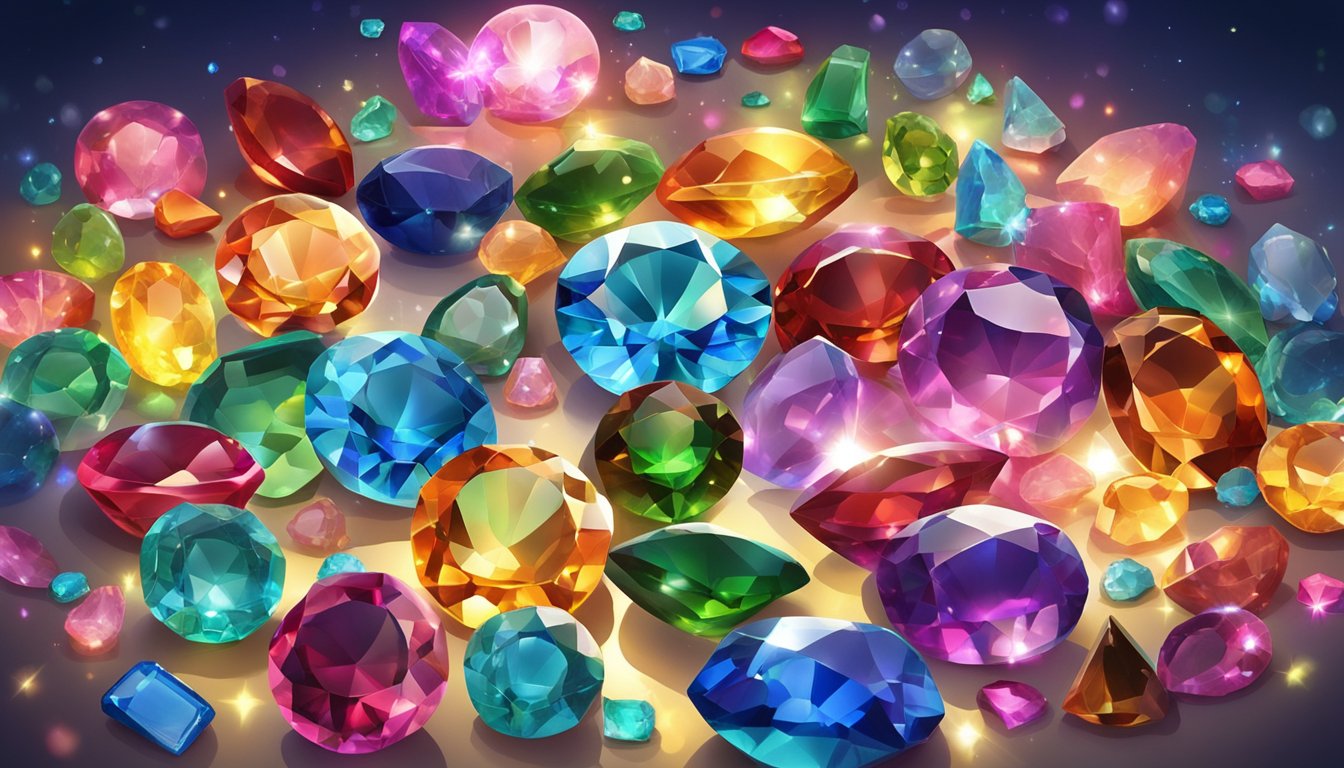 Colorful gemstones displayed in a Singaporean market. Bright lights illuminate the sparkling stones, creating a dazzling array of colors and shapes