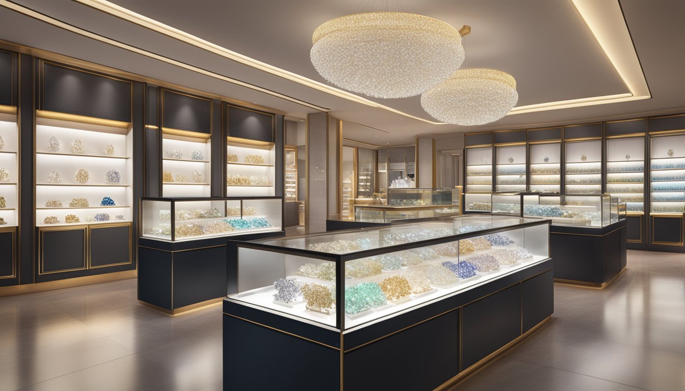 A sparkling display of gemstone jewelry in a Singaporean boutique, shimmering under the soft glow of overhead lights