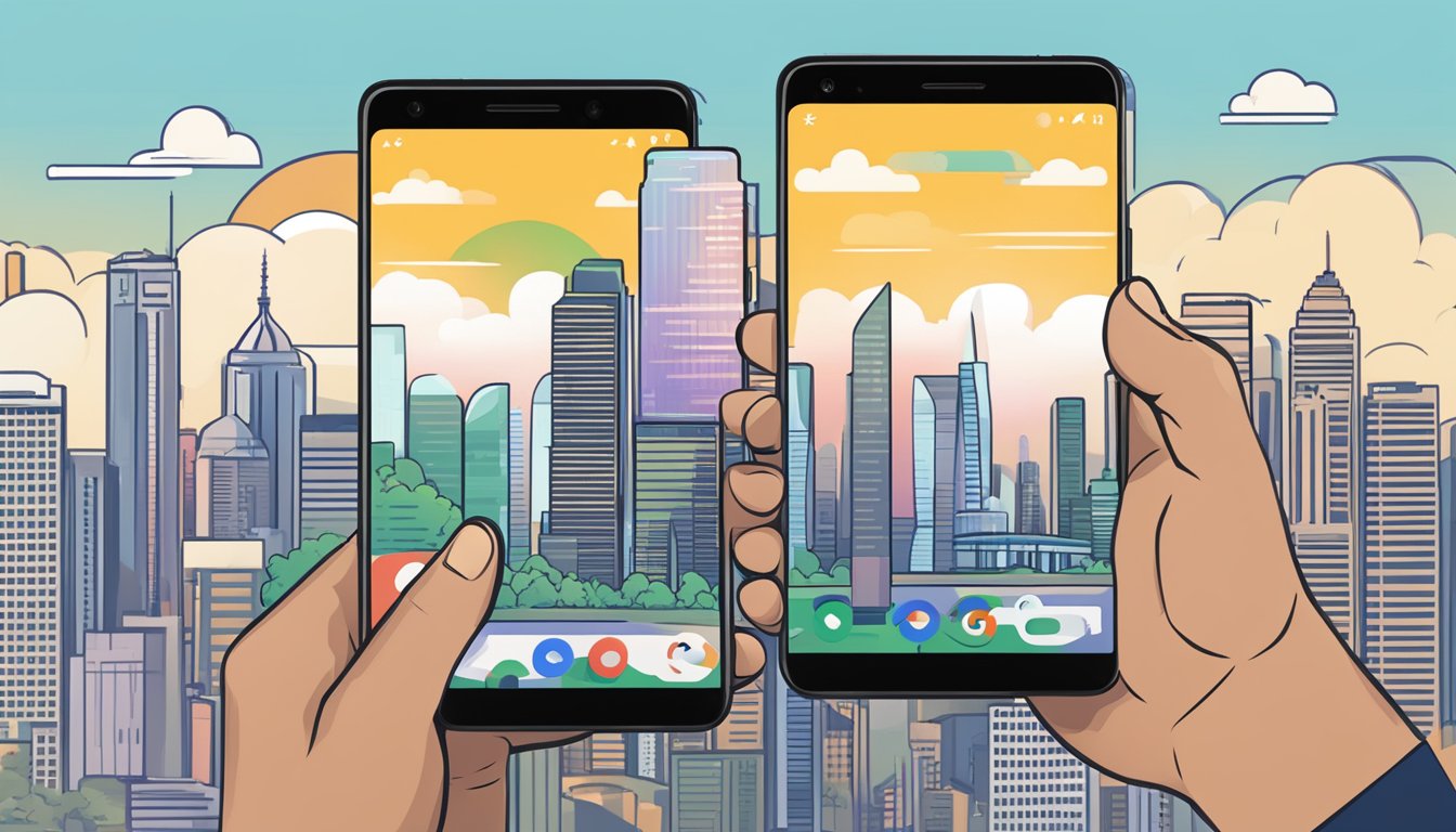 A hand holding a Google Pixel 3 phone with a Singaporean skyline in the background, surrounded by frequently asked questions related to the purchase of the device