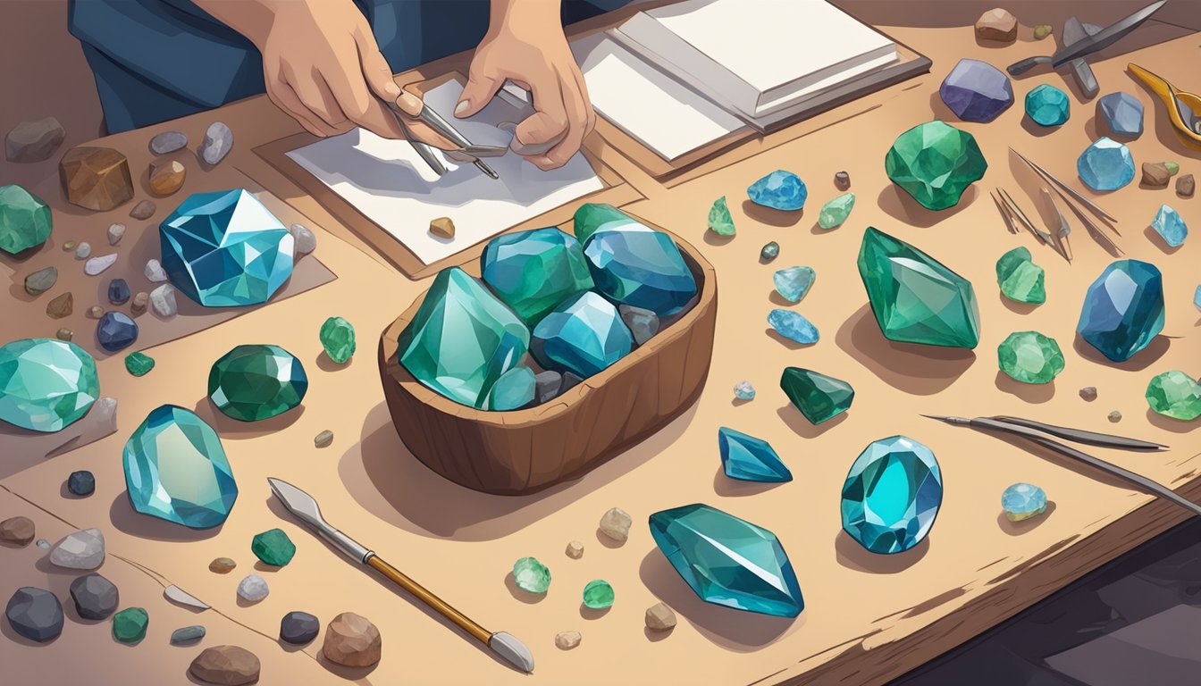 A skilled artisan carefully selects ethically-sourced gemstones, surrounded by tools and materials, showcasing sustainability in gemstone acquisition