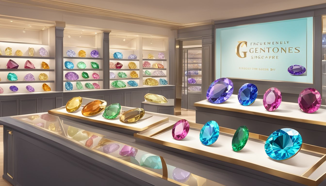 A display of colorful gemstones with a sign reading "Frequently Asked Questions buy gemstones Singapore" in a jewelry store