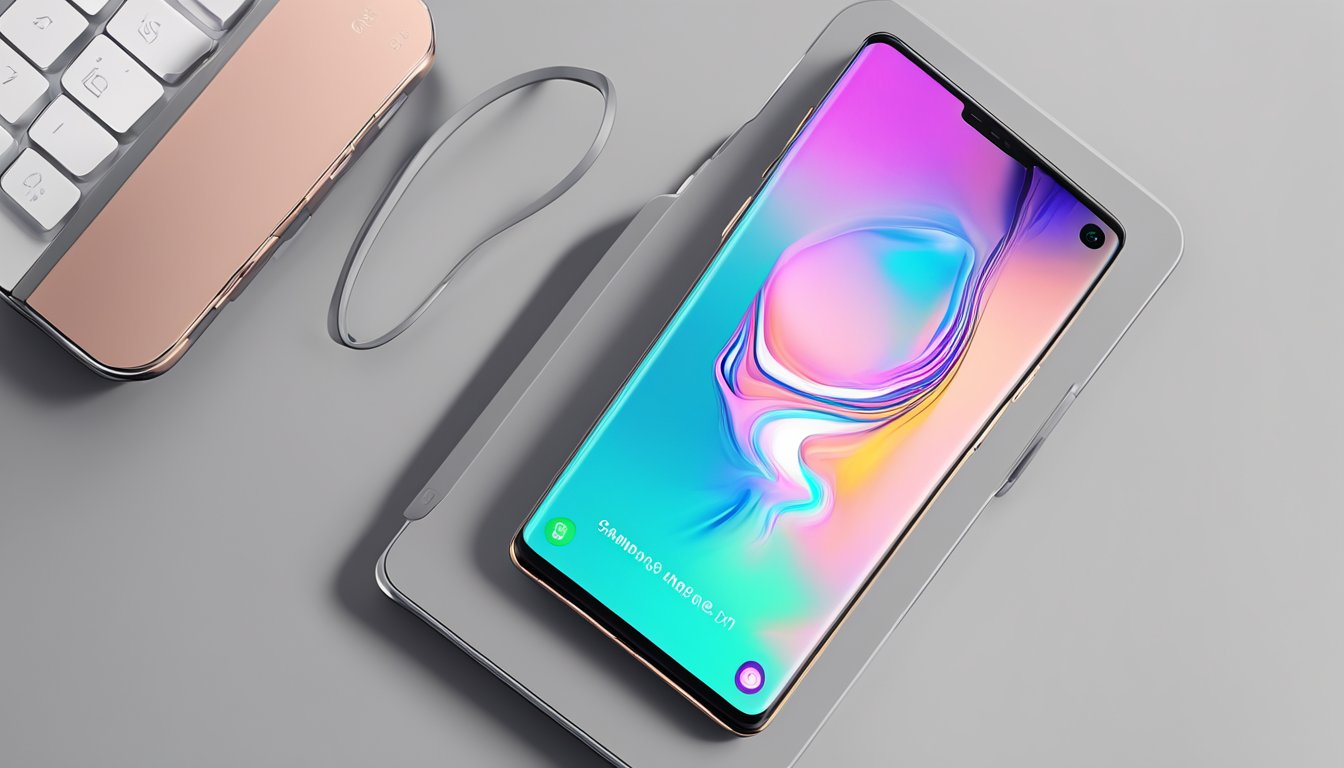A sleek Samsung Galaxy S10e sits on a clean, modern surface. The phone is illuminated by soft, natural light, showcasing its vibrant display and elegant design