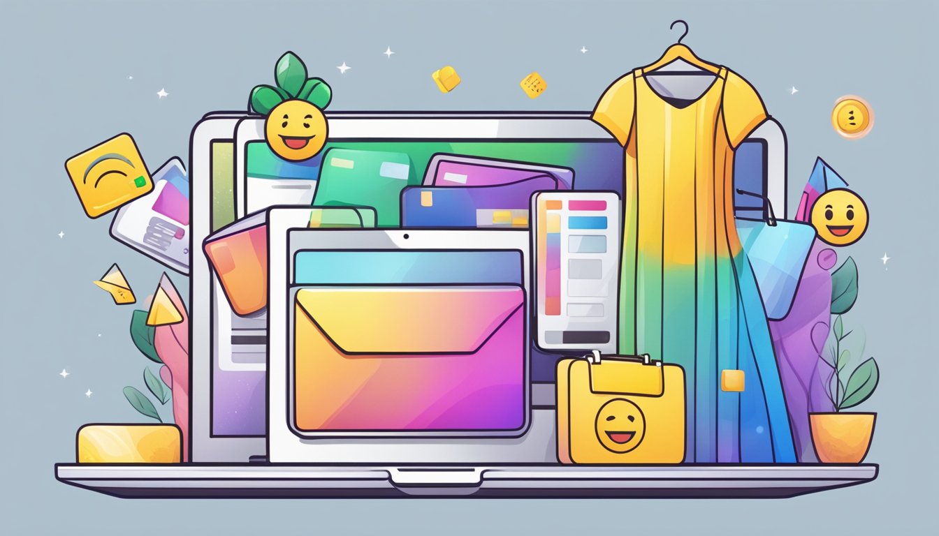 A laptop with a colorful display of gowns, a credit card, and a smiling emoji